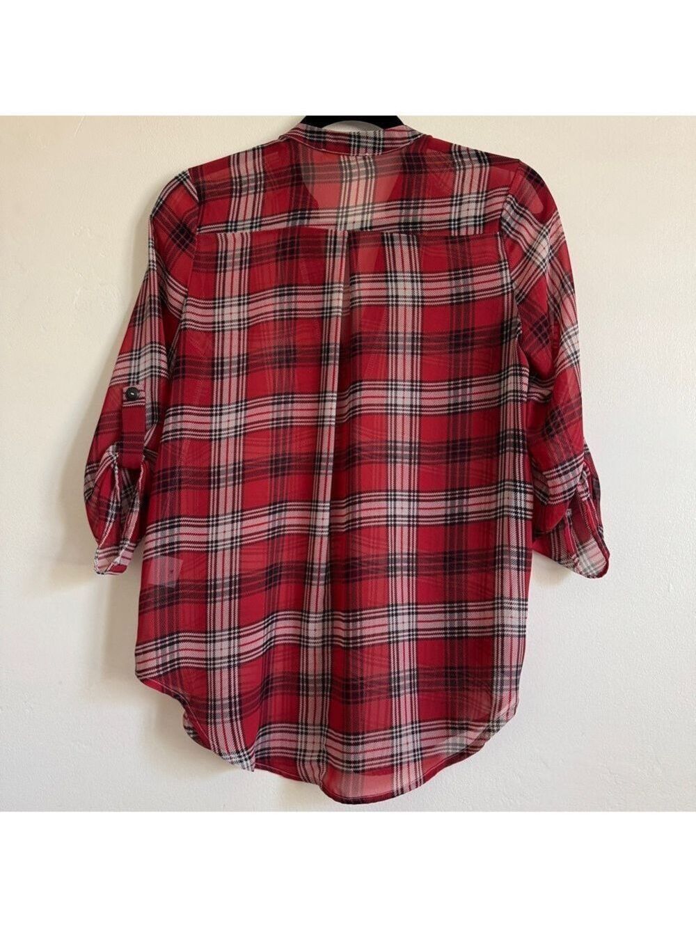 Lush Red Plaid Women's Blouse, 3/4 Sleeve, Size S - Picture 2 of 7